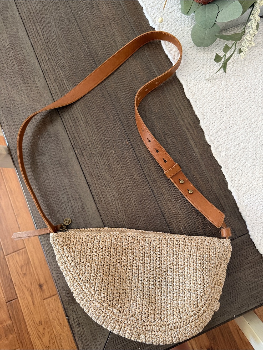The Sak Natural Woven Crossbody with Tan Leather Strap